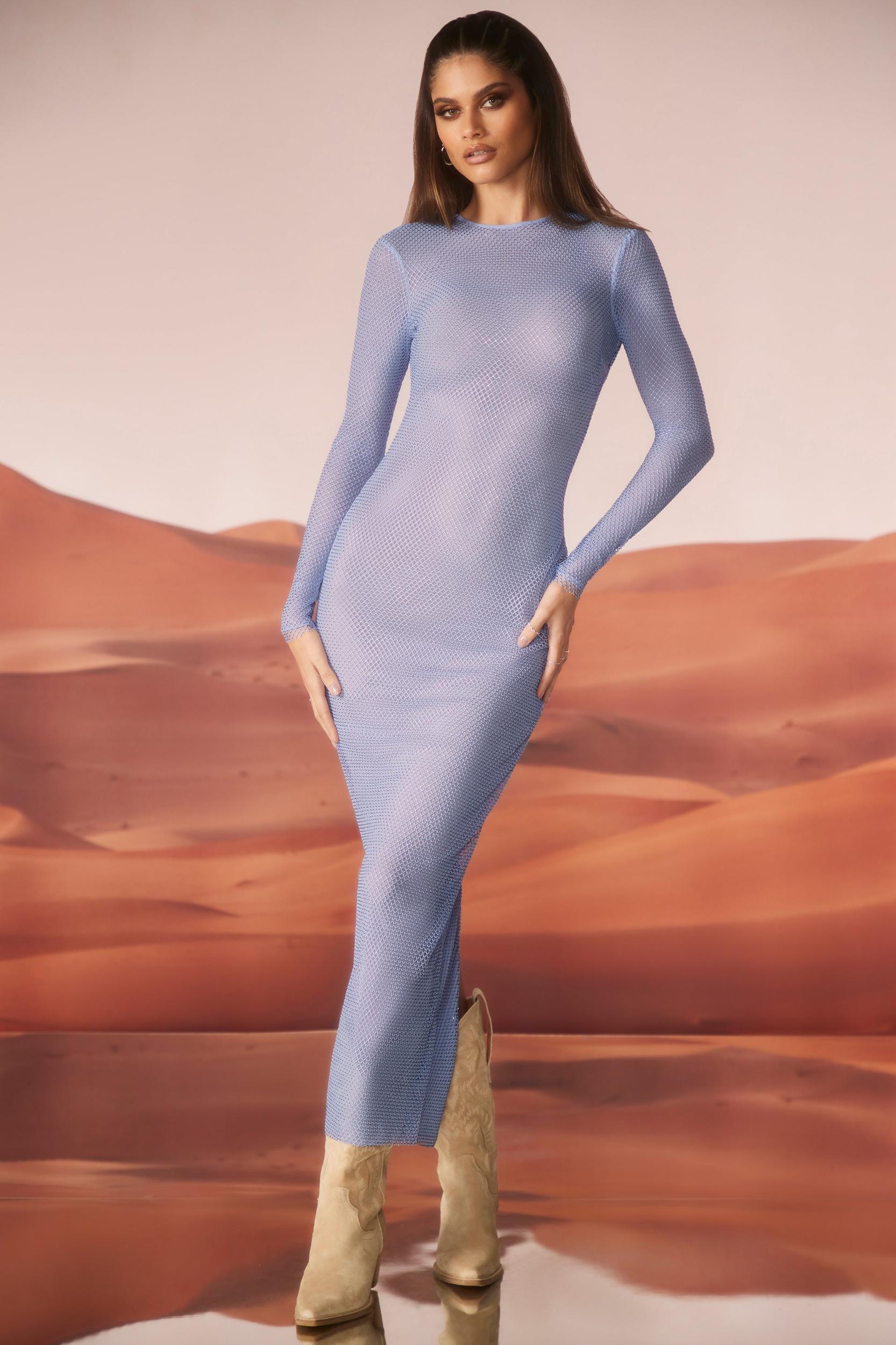 Embellished Long Sleeve Maxi Dress in Blue Product Image