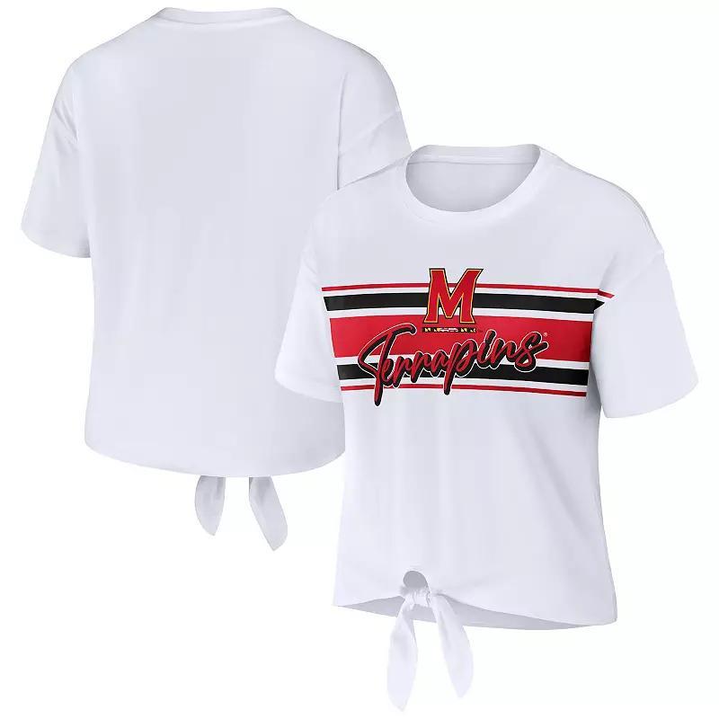 Women's WEAR by Erin Andrews White Maryland Terrapins Striped Front Knot Cropped T-Shirt, Size: Large Product Image