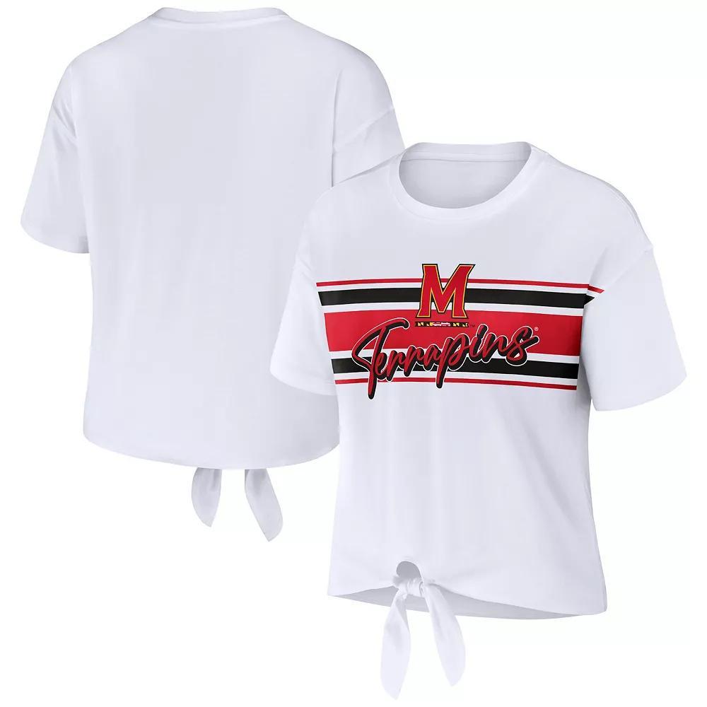 Women's WEAR by Erin Andrews White Maryland Terrapins Striped Front Knot Cropped T-Shirt, Size: Large Product Image