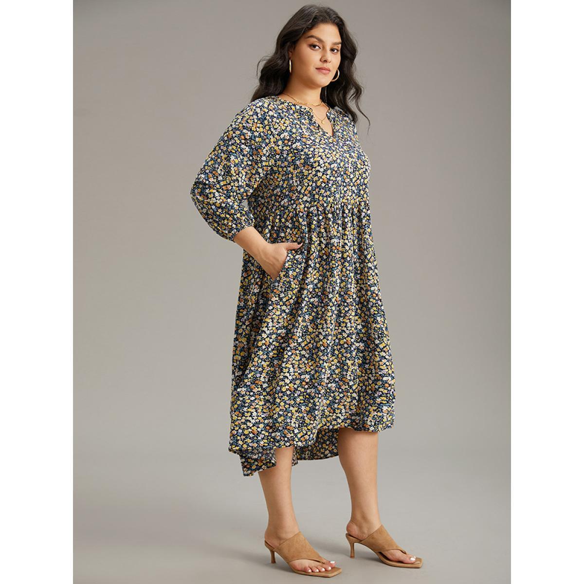 Plus Size Ditsy Floral Pocket Lantern Sleeve Ruffle Hem Dress Midnight Women Vacation Elastic cuffs Notched collar Elbow-length sleeve Curvy Midi Dress BloomChic 26/4X Product Image