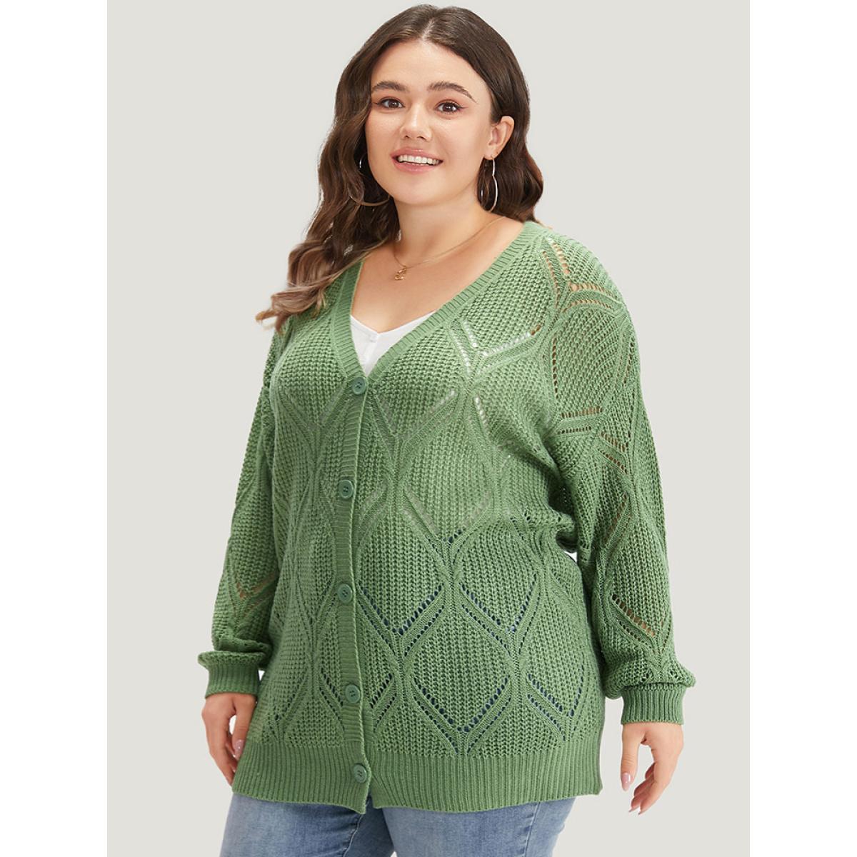 Plus Size Geo Plisse Button Through Elastic Cuffs Cardigan Green Women Casual Loose Long Sleeve Everyday Cardigans BloomChic 22-24/3X Product Image