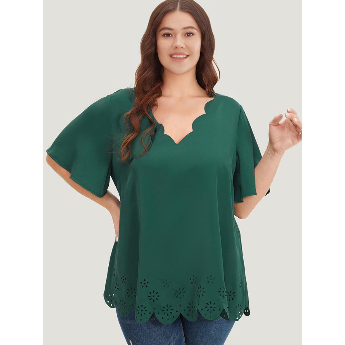 Plus Size DarkGreen Solid Scalloped Trim Laser Cut Ruffle Sleeve Blouse Women Elegant Short sleeve V-neck Dailywear Blouses BloomChic 12/L Product Image