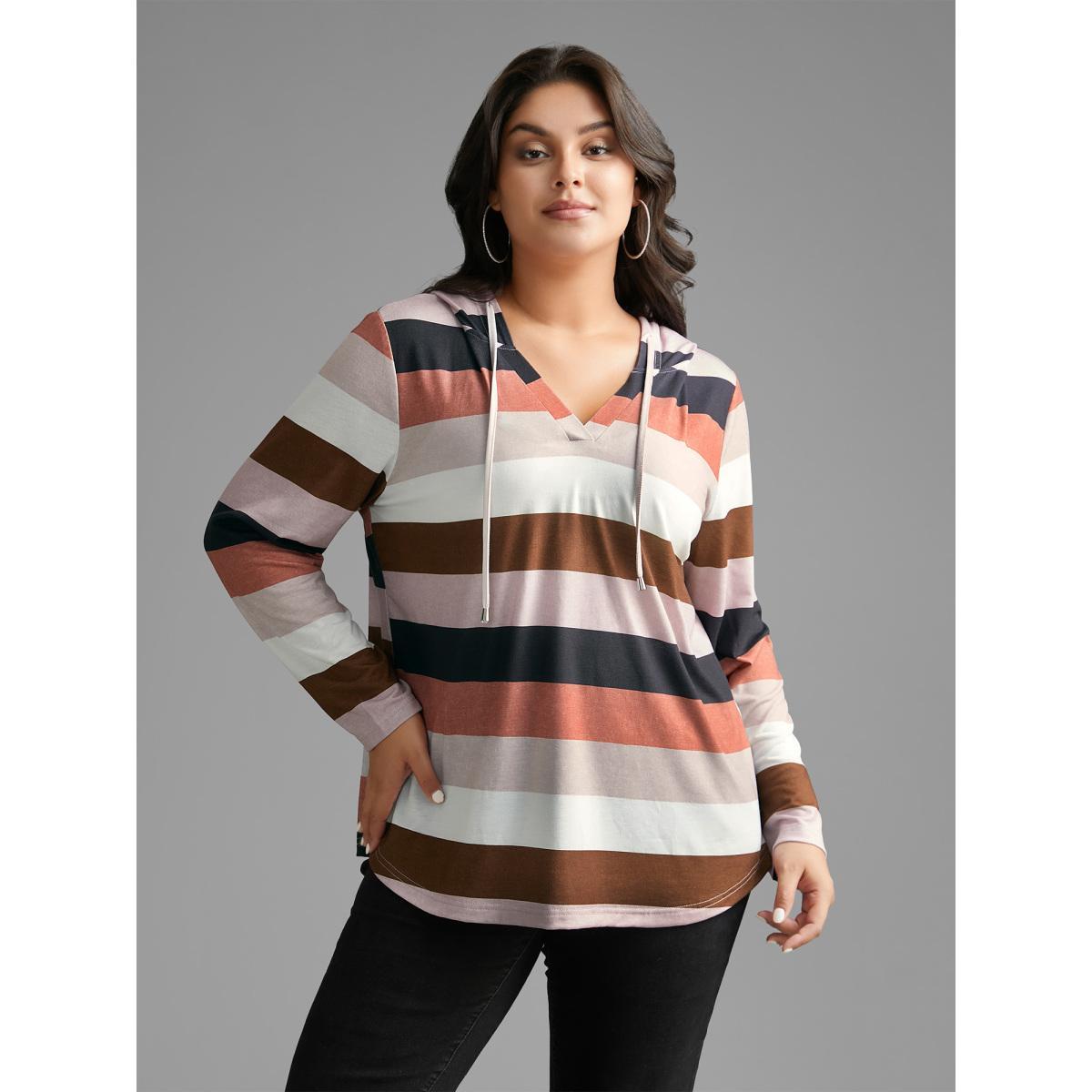 Plus Size Contrast Striped Hooded Drawstring T-shirt Brightorange Women Casual Drawstring Hooded Everyday T-shirts BloomChic 14-16/1X Product Image