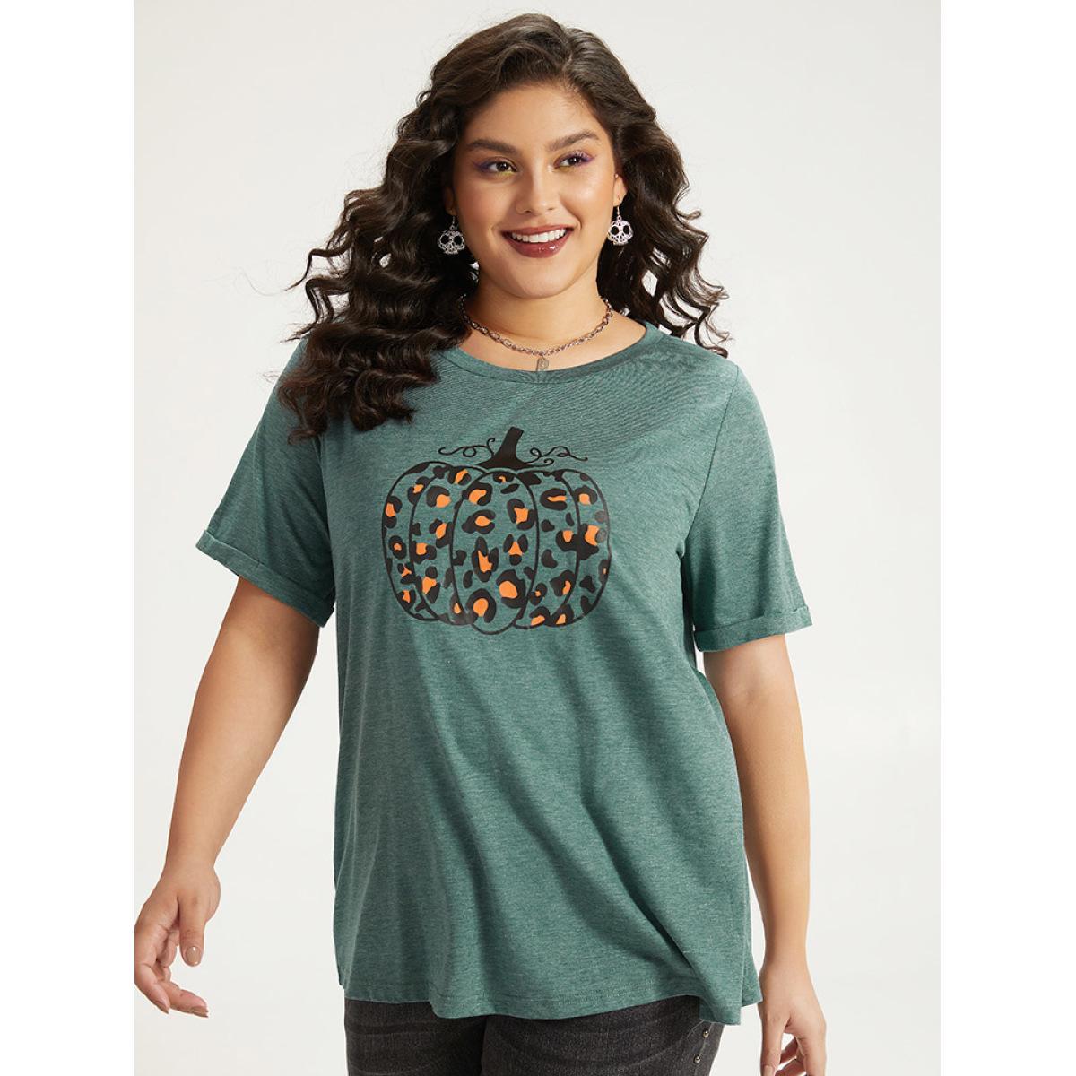 Plus Size Halloween Pumpkin Print Crew Neck T-shirt DarkGreen Women Casual Printed Halloween Dailywear T-shirts BloomChic 14-16/1X Product Image