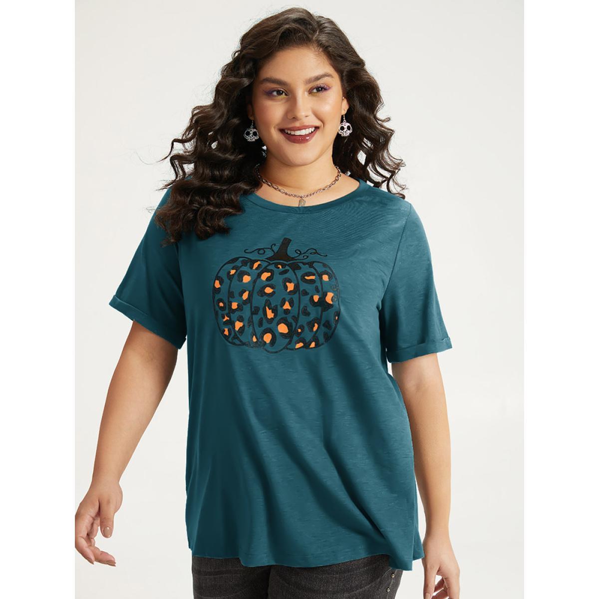 Plus Size Halloween Pumpkin Print Crew Neck T-shirt Red Women Casual Printed Halloween Dailywear T-shirts BloomChic 18-20/2X Product Image