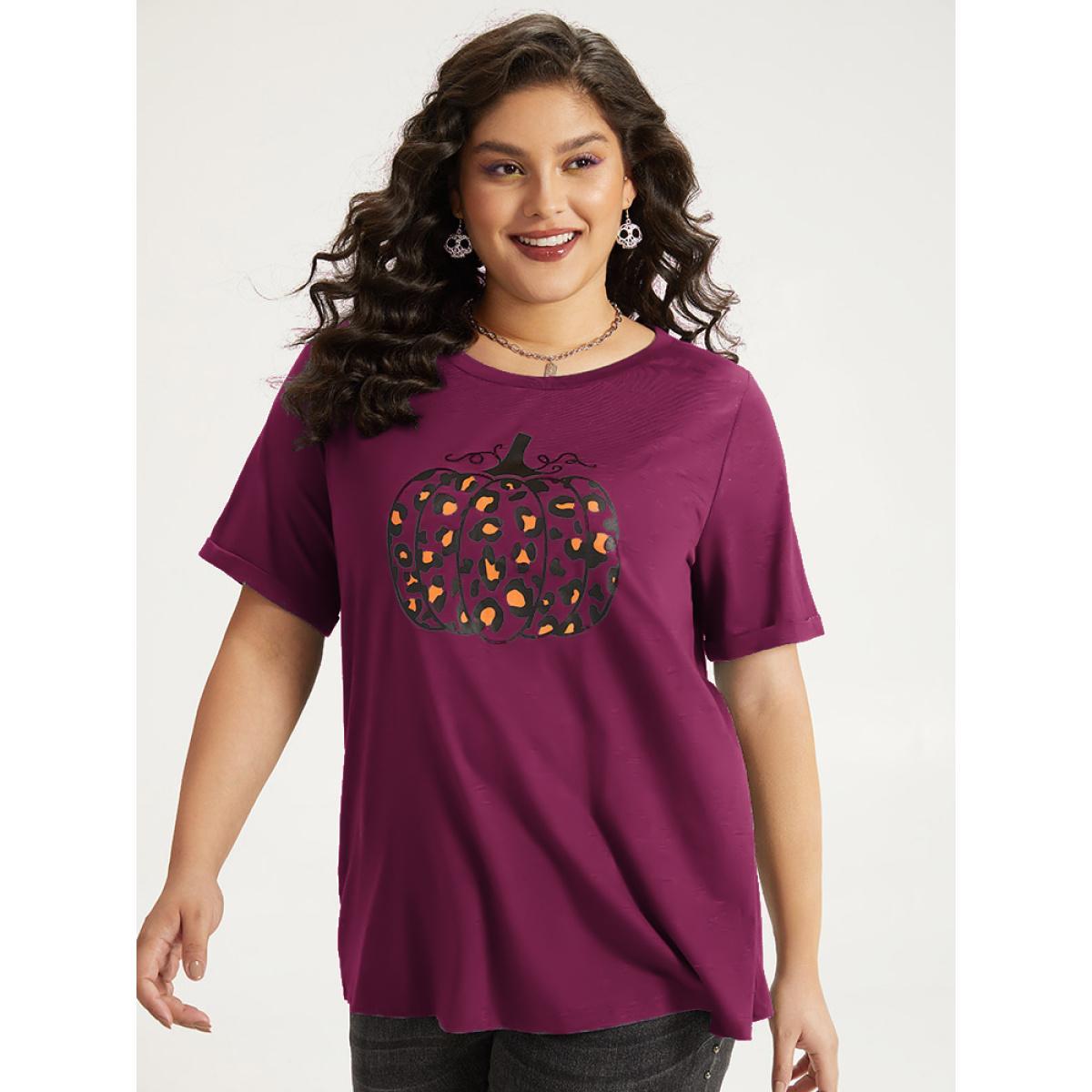 Plus Size Halloween Pumpkin Print Crew Neck T-shirt Crimson Women Casual Printed Halloween Dailywear T-shirts BloomChic 22-24/3X Product Image
