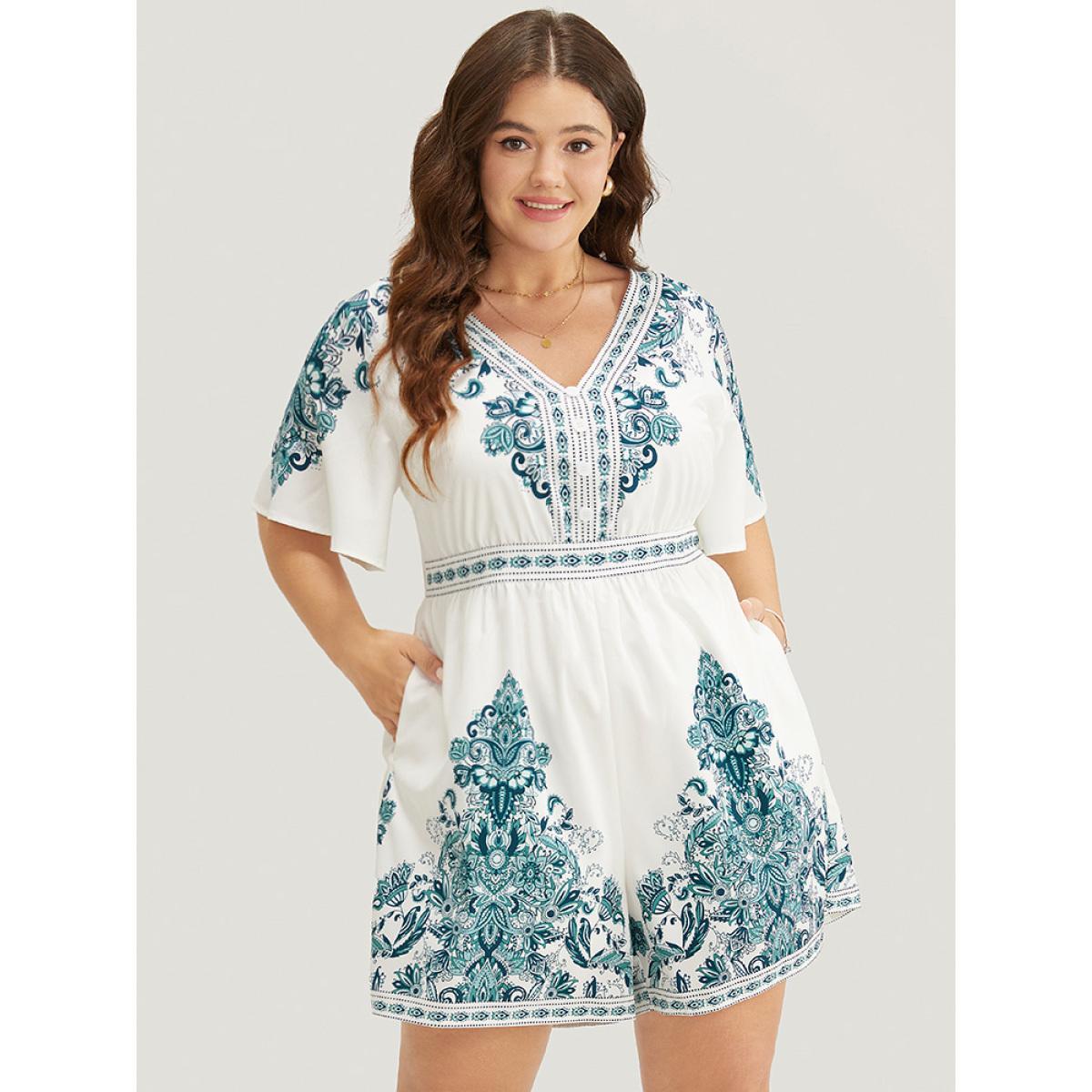 Plus Size Emerald Bandana Print Ruffle Sleeve Pocket Button Detail Romper Women Vacation Short sleeve V-neck Dailywear Loose Jumpsuits BloomChic 10/M Product Image