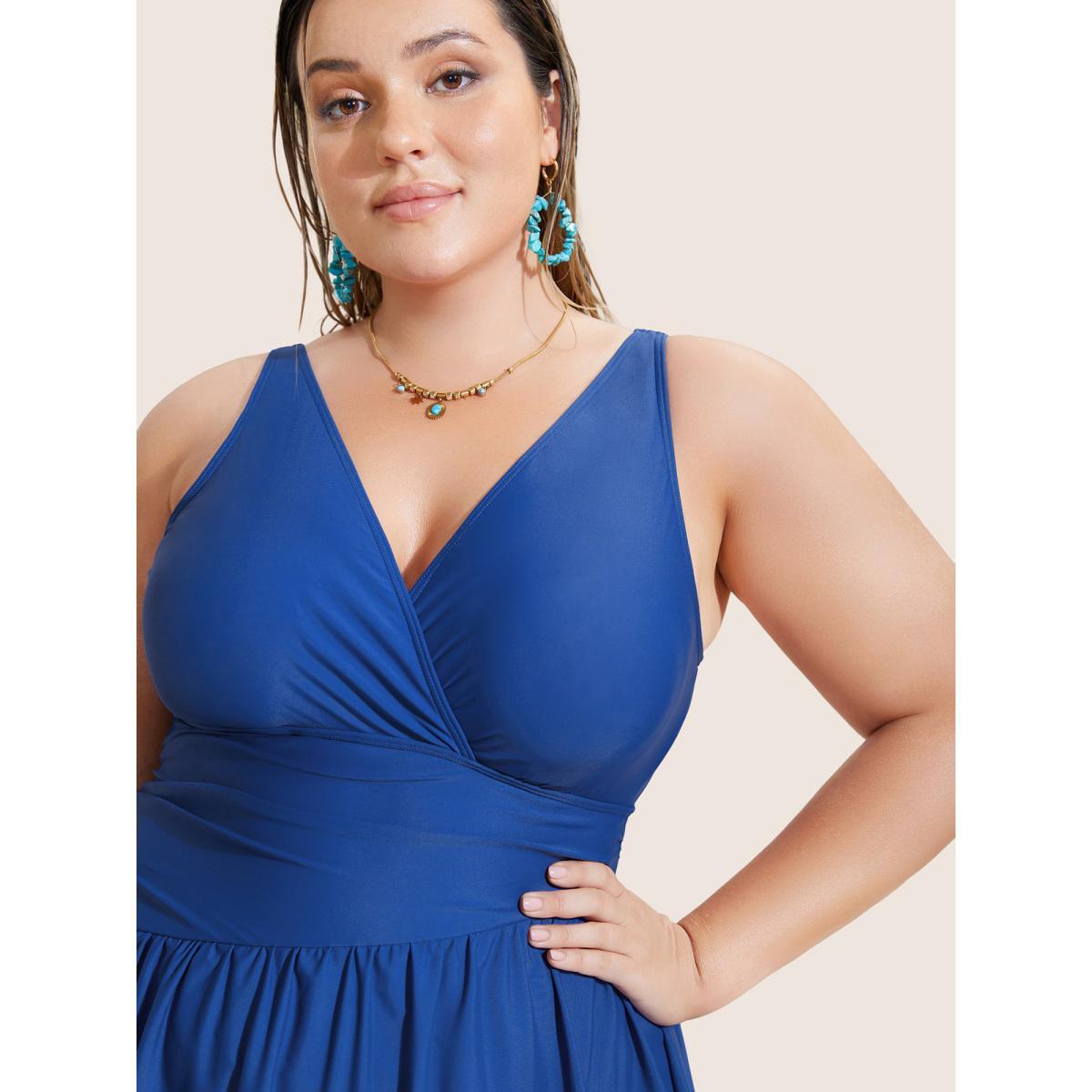 Plus Size Solid Surplice Neck Gathered Swim Dress Women's Swimwear Indigo Beach Bodycon V-neck High stretch Curve Swim Dresses BloomChic 22-24/3X Product Image
