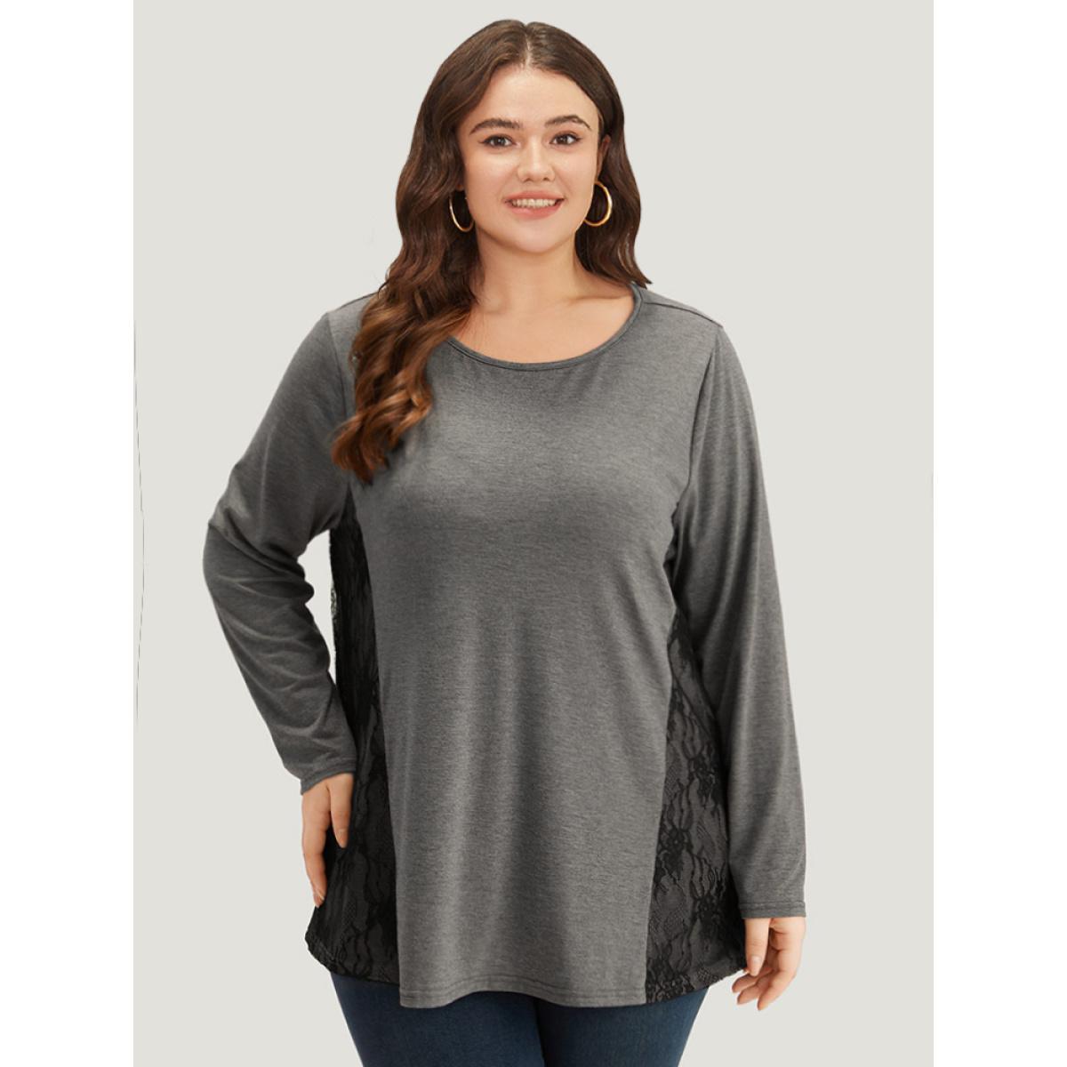 Plus Size Crochet Lace Crew Neck Patchwork T-shirt Gray Women Elegant Contrast Plain Round Neck Everyday T-shirts BloomChic 12/L Product Image