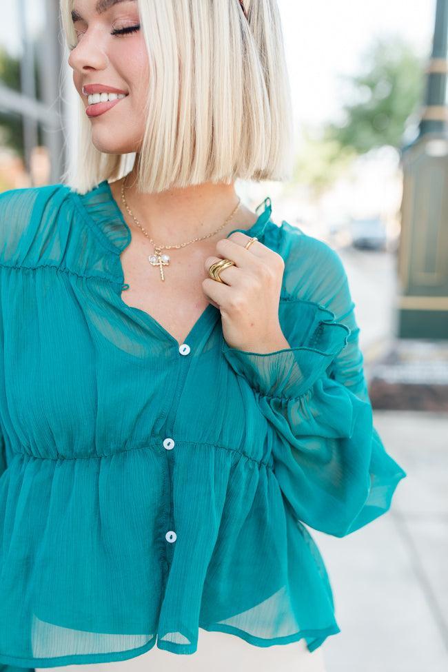 Breathe Deeper Jade Sheer Ruched Blouse FINAL SALE Product Image