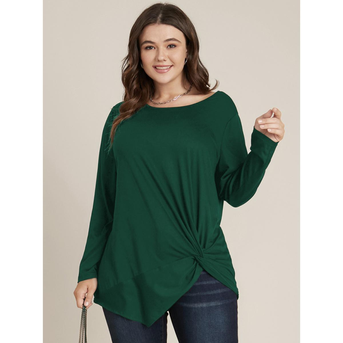 Plus Size Solid Round Neck Twist Front Long Tee DarkGreen Women Elegant Plain Plain Round Neck Dailywear T-shirts BloomChic 26/4X Product Image