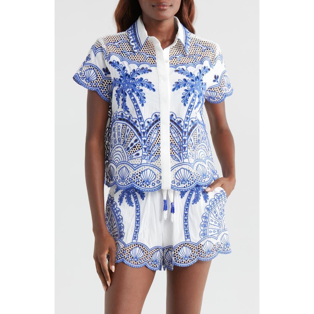FARM RIO Palm Embroidered Cotton Cover-up Shirt In White Product Image
