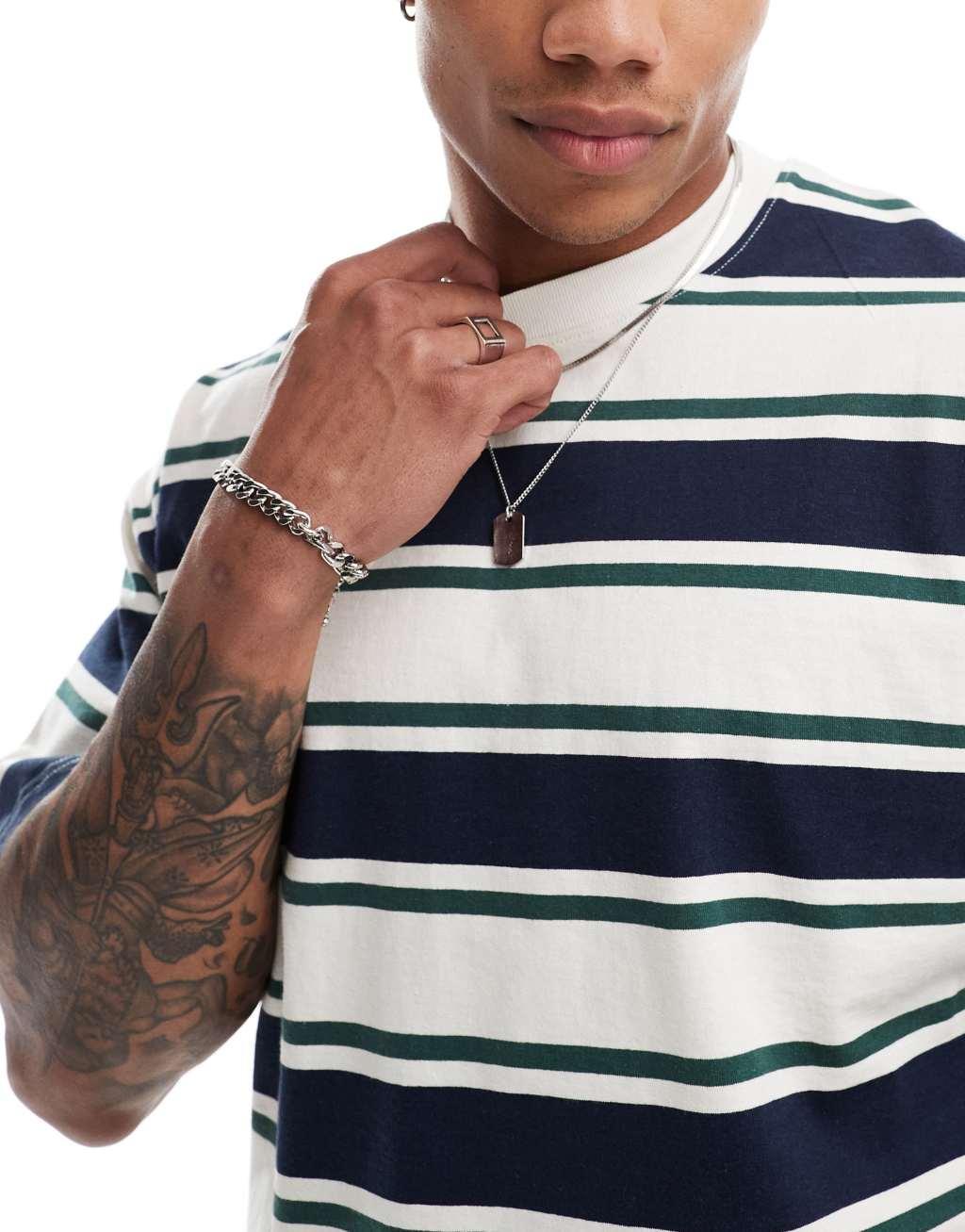 Selected Homme oversized heavy weight T-shirt in cream green navy stripe Product Image