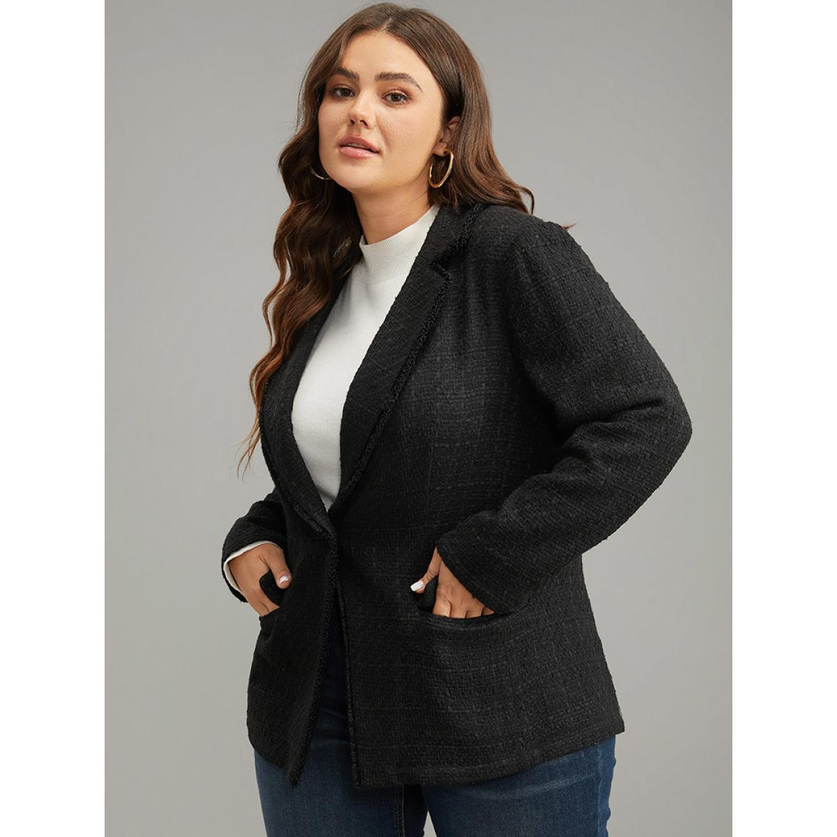 Plus Size Plain Tweed Plisse Pocket Button Through Blazer Black Women Dailywear Plain Texture Sleeve Long Sleeve Suit Collar 14-16/1X Pocket Elegant Blazers BloomChic Product Image