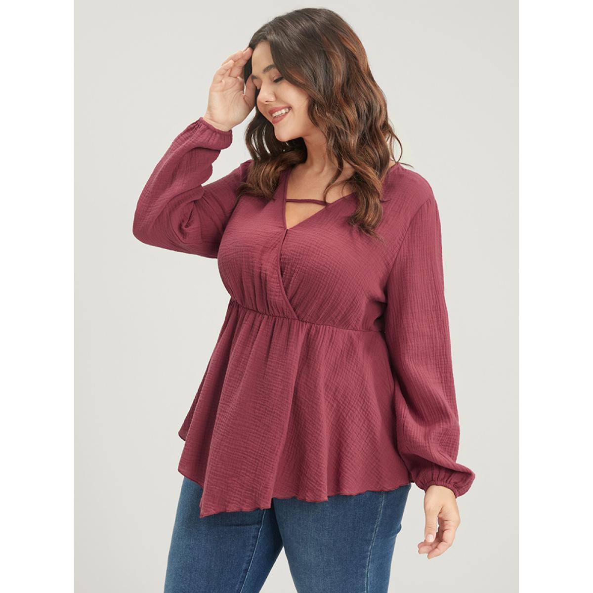 Plus Size Russet Solid Lantern Sleeve Asymmetrical Hem Wrap Blouse Women Elegant Long Sleeve V-neck Dailywear Blouses BloomChic 10/M Product Image