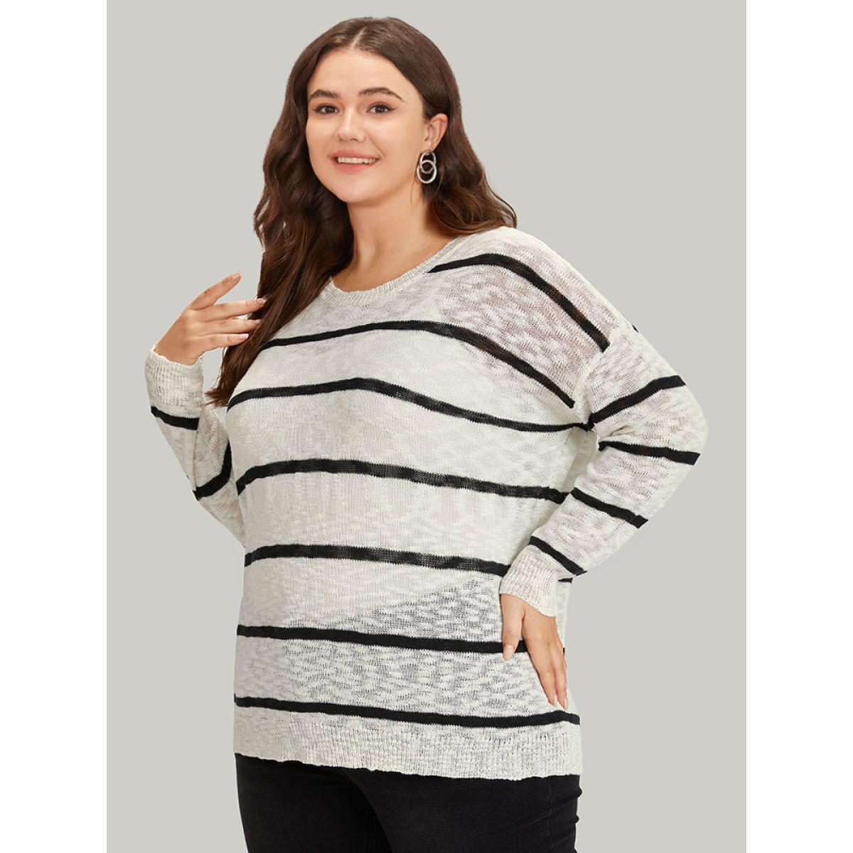 Plus Size Striped Drop Shoulder Lightweight Loose Pullover Beige Women Casual Loose Long Sleeve Round Neck Everyday Pullovers BloomChic 26/4X Product Image