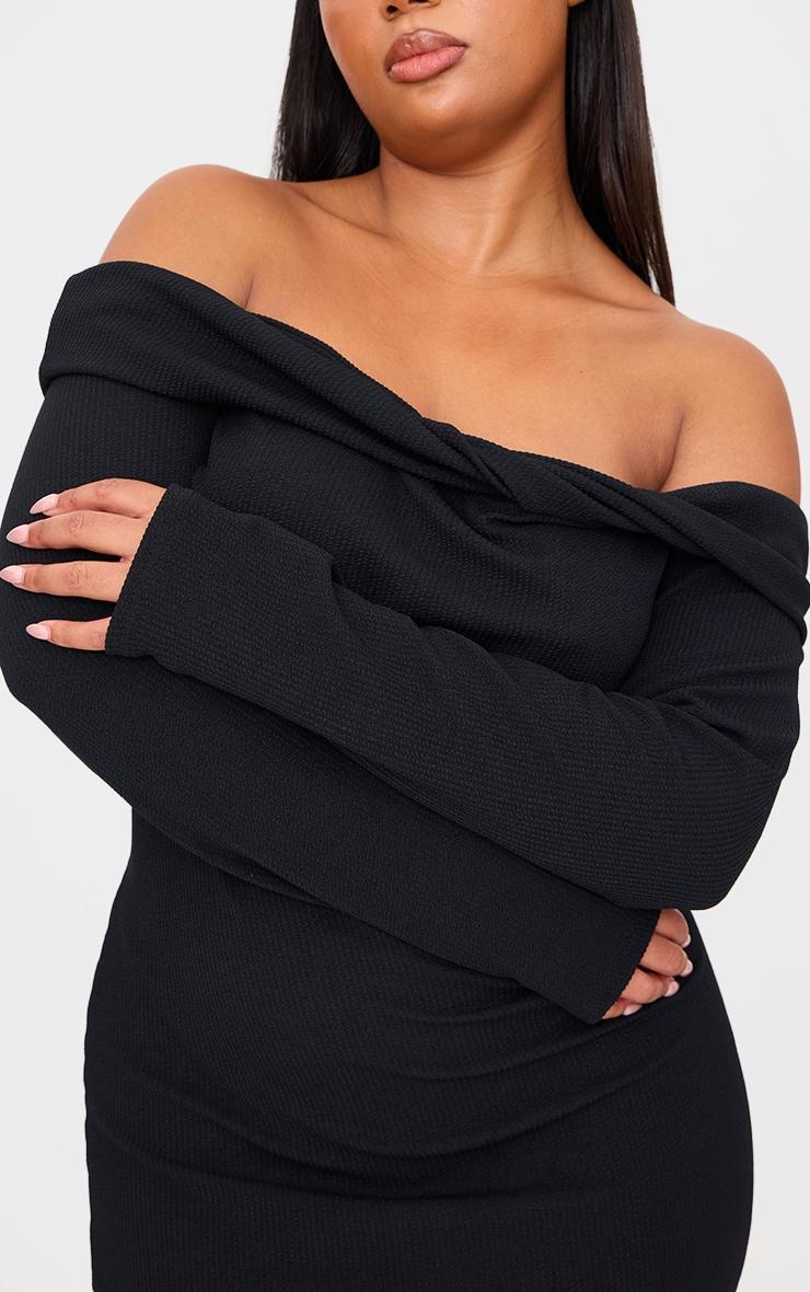 Plus Black Twist Front Bardot Ribbed Mini Dress Product Image