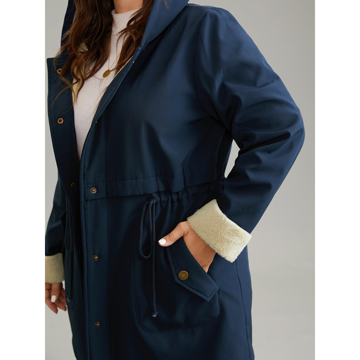 Plus Size Fuzzy Trim Drawstring Button Through Coat Women Indigo Casual Lined Ladies Dailywear Winter Coats BloomChic 10/M Product Image