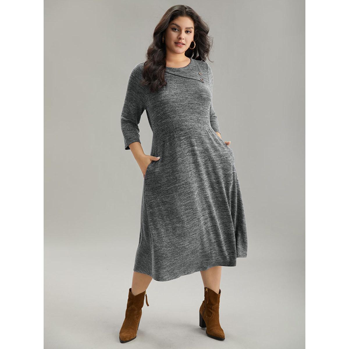 Plus Size Solid Heather Button Detail Pocket Gathered Dress Black Women Work From Home Plain Round Neck Elbow-length sleeve Curvy Midi Dress BloomChic 28/5X Product Image