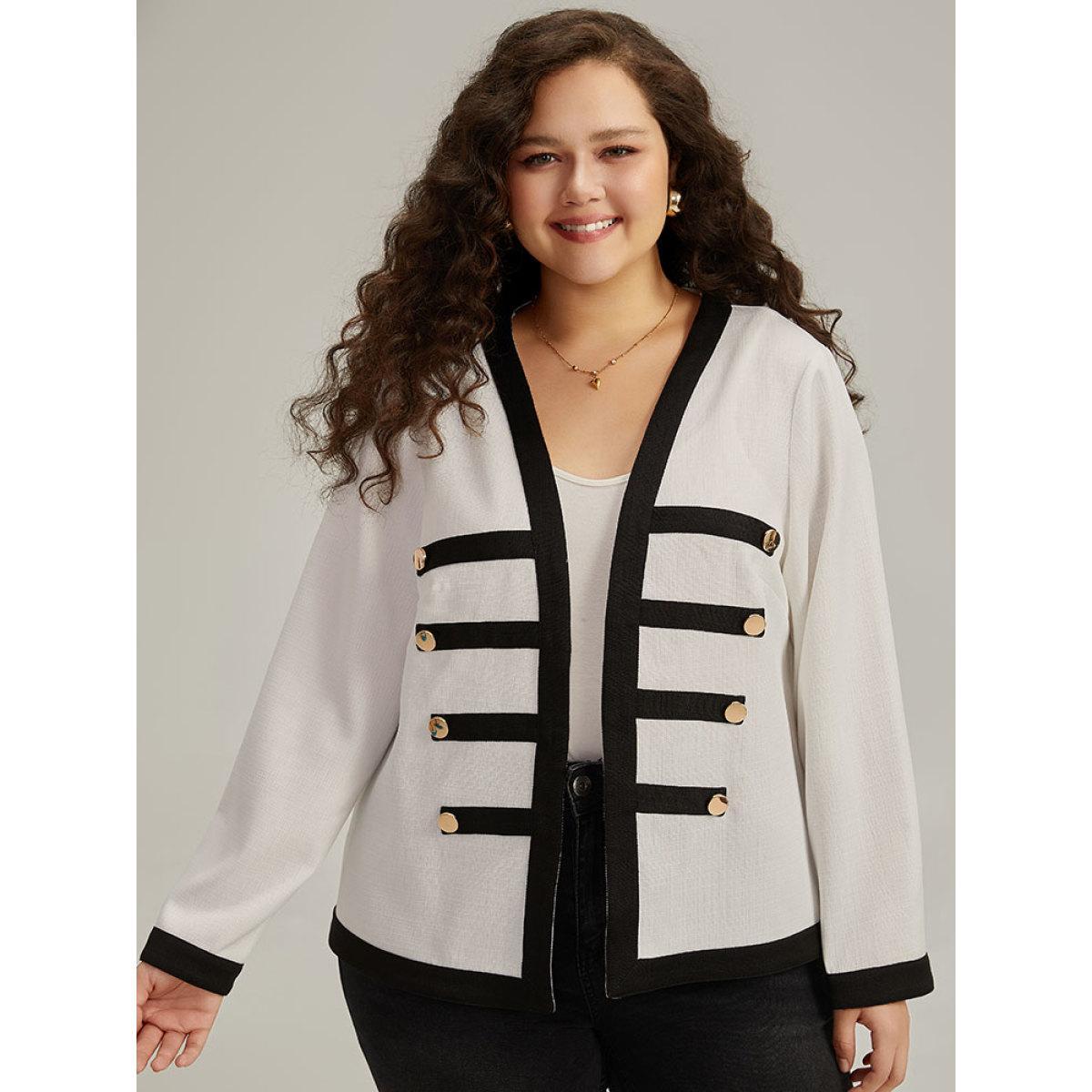 Plus Size Striped Patchwork Button Detail Contrast Jacket Women White Casual Contrast Ladies Dailywear Winter Coats BloomChic 10/M Product Image