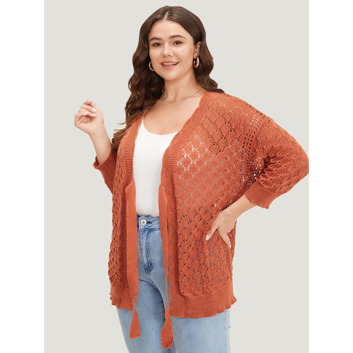 Plus Size Solid Hollow Out Ties Front Elastic Cuffs Cardigan Chocolate Women Casual Loose Elbow-length sleeve Dailywear Cardigans BloomChic 28/5X Product Image