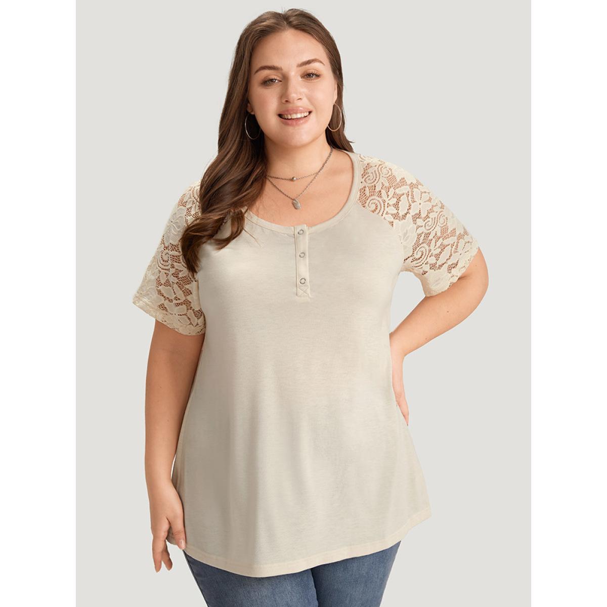 Plus Size Solid Raglan Sleeve Contrast Lace T-shirt Ivory Women Elegant Plain Round Neck Dailywear T-shirts BloomChic 22-24/3X Product Image
