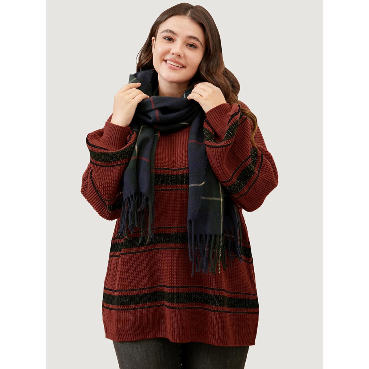 Plus Size Striped Contrast Pointelle Knit Lantern Sleeve Round Neck Knit Top Scarlet Women Casual Loose Long Sleeve Round Neck Dailywear Pullovers BloomChic 26/4X Product Image