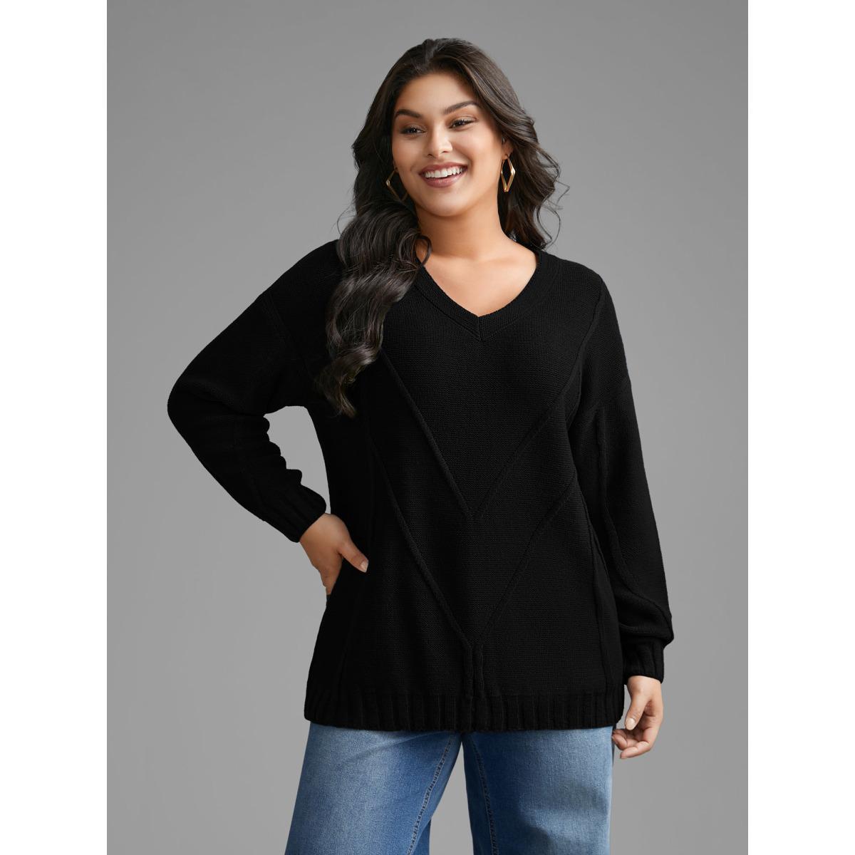 Plus Size V Neck Cable Knit Texture Pullover Black Women Casual Loose Long Sleeve V-neck Everyday Pullovers BloomChic 10/M Product Image
