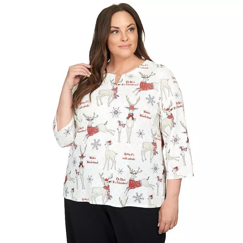 Plus Size Alfred Dunner Classic Deer Split Neck Top, Women's, Size: 1XL, Multi Neutral Product Image