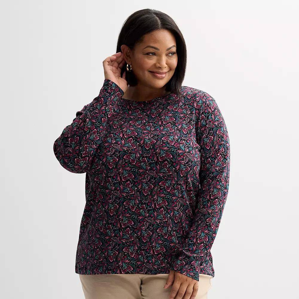 Plus Size Croft & Barrow® Essential Crewneck Long Sleeve Tee, Women's, Size: 1XL, Navy Night Red Product Image