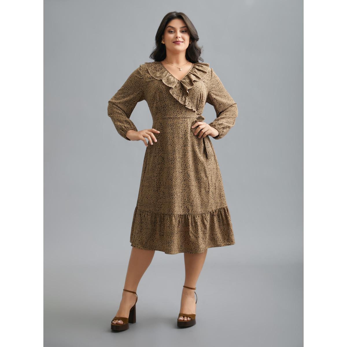 Plus Size Ruffled Neck Stretchy Waist Tiered Midi Dress Tan Women Elegant Tie knot Overlap Collar Long Sleeve Curvy BloomChic 26/4X Product Image
