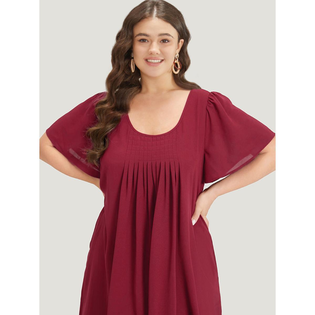 Plus Size Plain Plicated Detail Round Neck Ruffle Sleeve Dress Scarlet Women Casual Plain Round Neck Short sleeve Curvy Midi Dress BloomChic 10/M Product Image