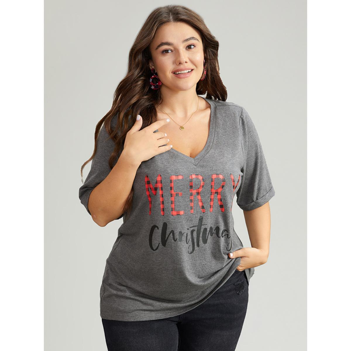 Plus Size Christmas Gingham Patchwork V Neck T-shirt DimGray Women Casual Printed Christmas Festival-Christmas T-shirts BloomChic 18-20/2X Product Image