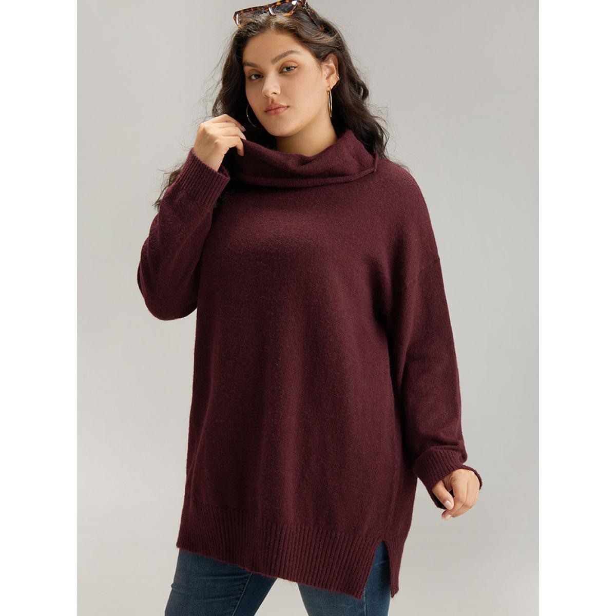 Plus Size Anti-Pilling Split Side Turtle Neck Pullover Burgundy Women Casual Loose Long Sleeve Lapel Collar Everyday Pullovers BloomChic 30/6X Product Image