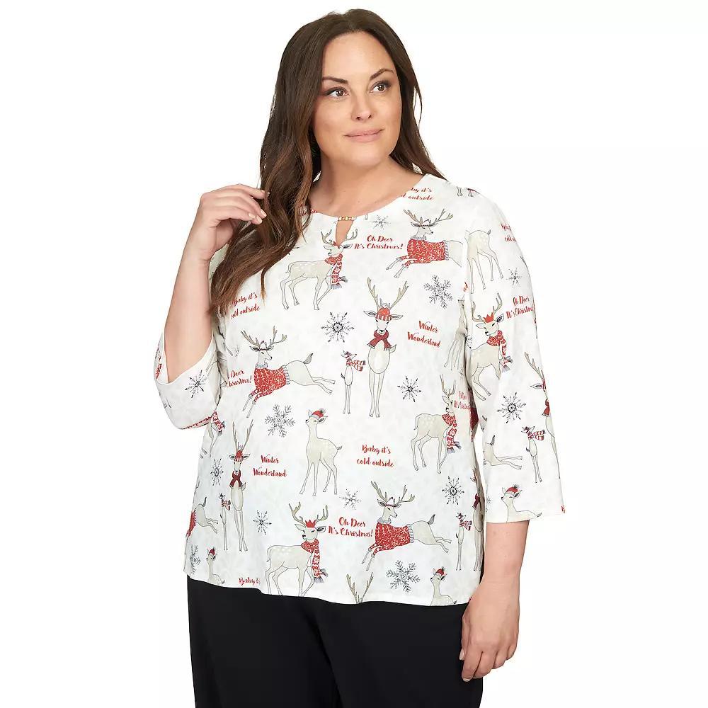 Plus Size Alfred Dunner Classic Deer Split Neck Top, Women's, Size: 1XL, Multi Neutral Product Image