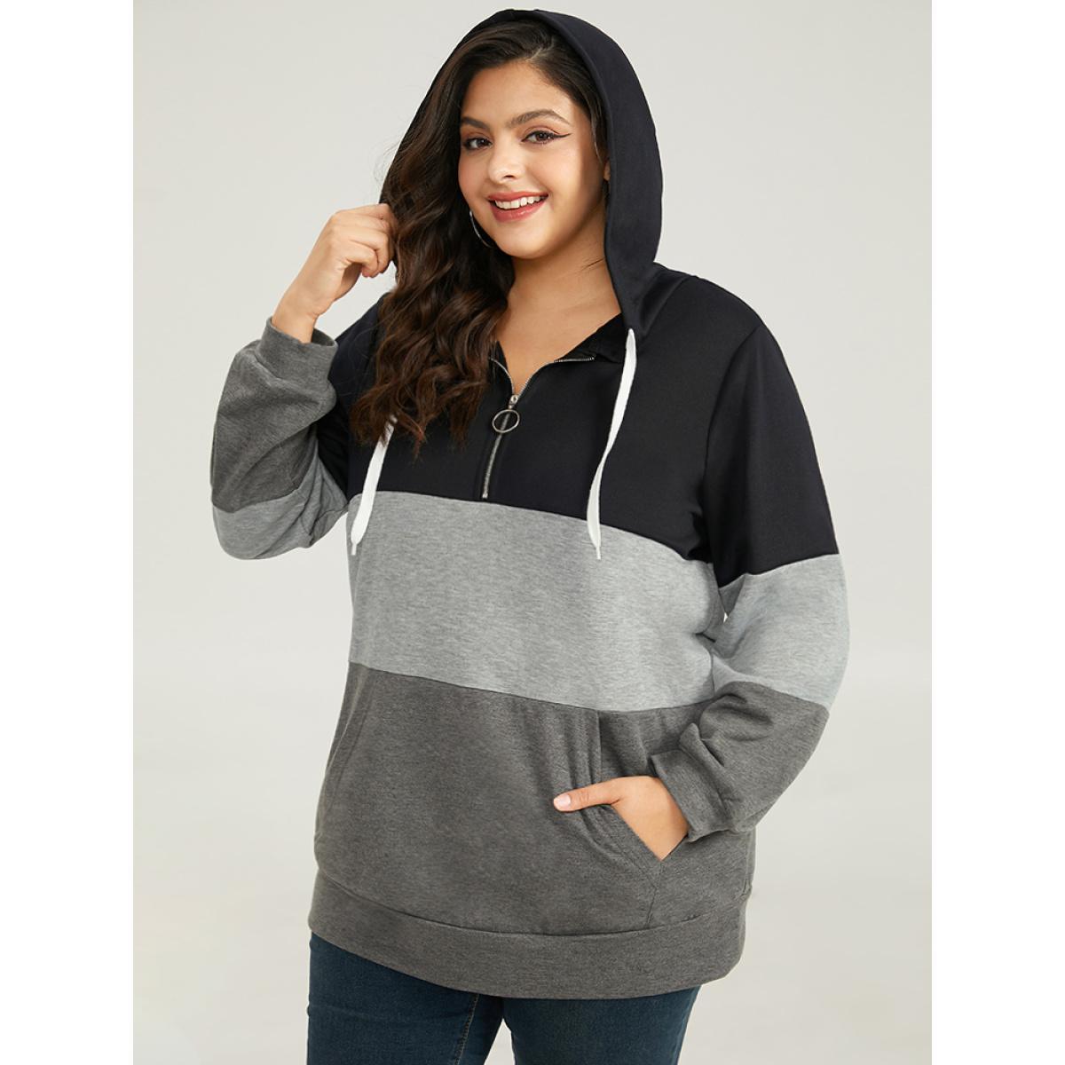 Plus Size Colorblock Contrast Half Zip Hooded Sweatshirt Women DimGray Casual Elastic cuffs Hooded Dailywear Sweatshirts BloomChic 26/4X Product Image
