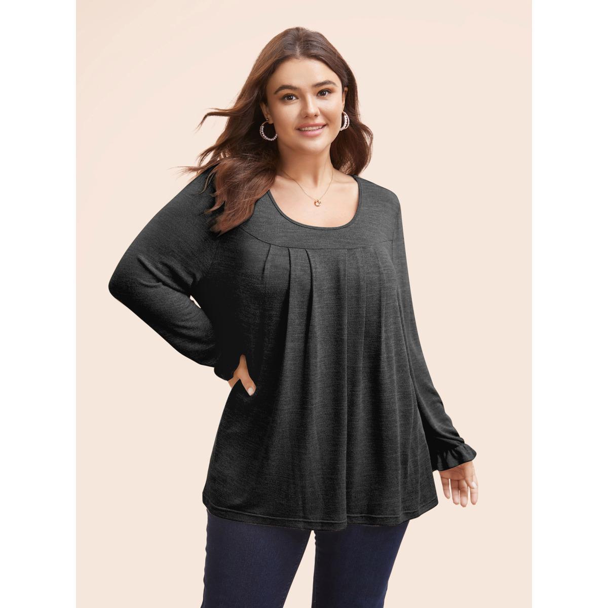 Plus Size Round Neck Heather Pleated T-shirt Indigo Women Elegant Pleated Round Neck Loose Everyday T-shirts BloomChic 12/L Product Image