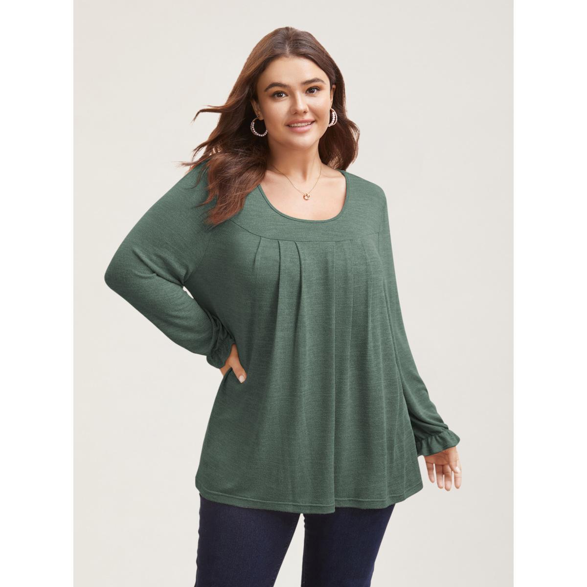 Plus Size Round Neck Heather Pleated T-shirt Emerald Women Elegant Pleated Round Neck Loose Everyday T-shirts BloomChic 12/L Product Image