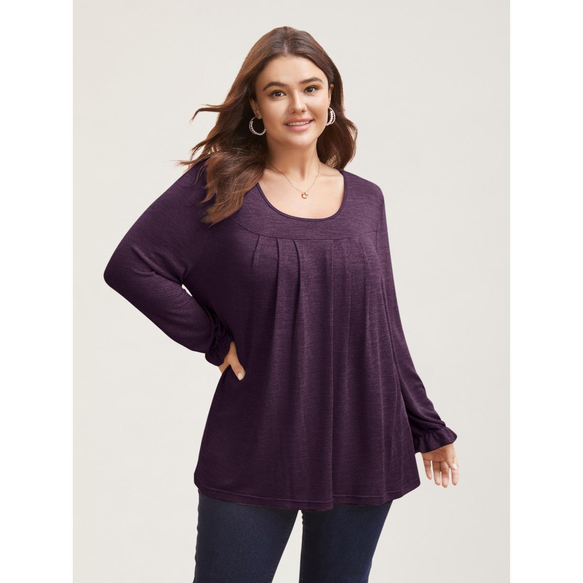 Plus Size Round Neck Heather Pleated T-shirt Eggplant Women Elegant Pleated Round Neck Loose Everyday T-shirts BloomChic 18-20/2X Product Image