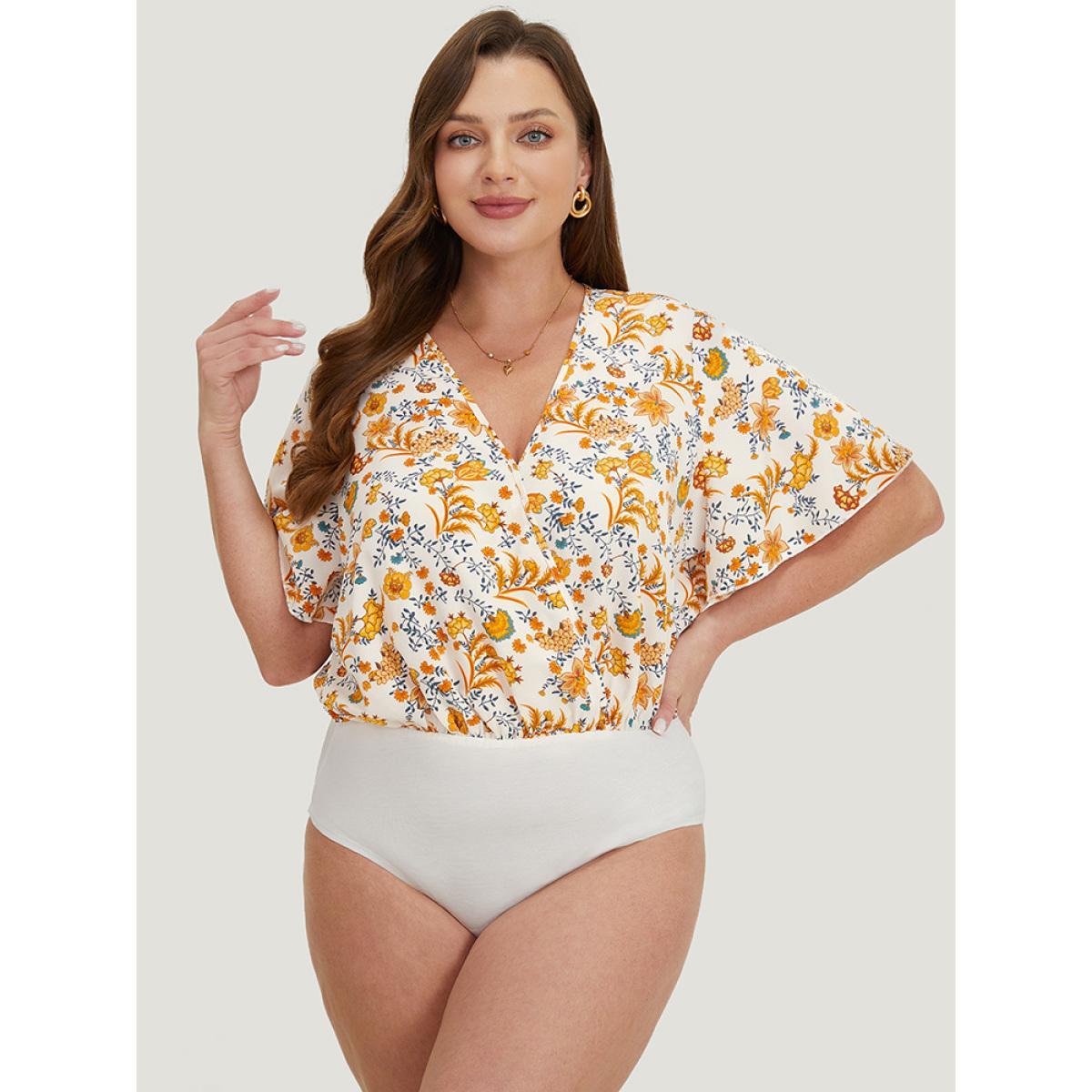 Plus Size Plants Print Patchwork Surplice Neck Bodysuit Women Chocolate Plants Wrap Bodysuits BloomChic 22-24/3X Product Image