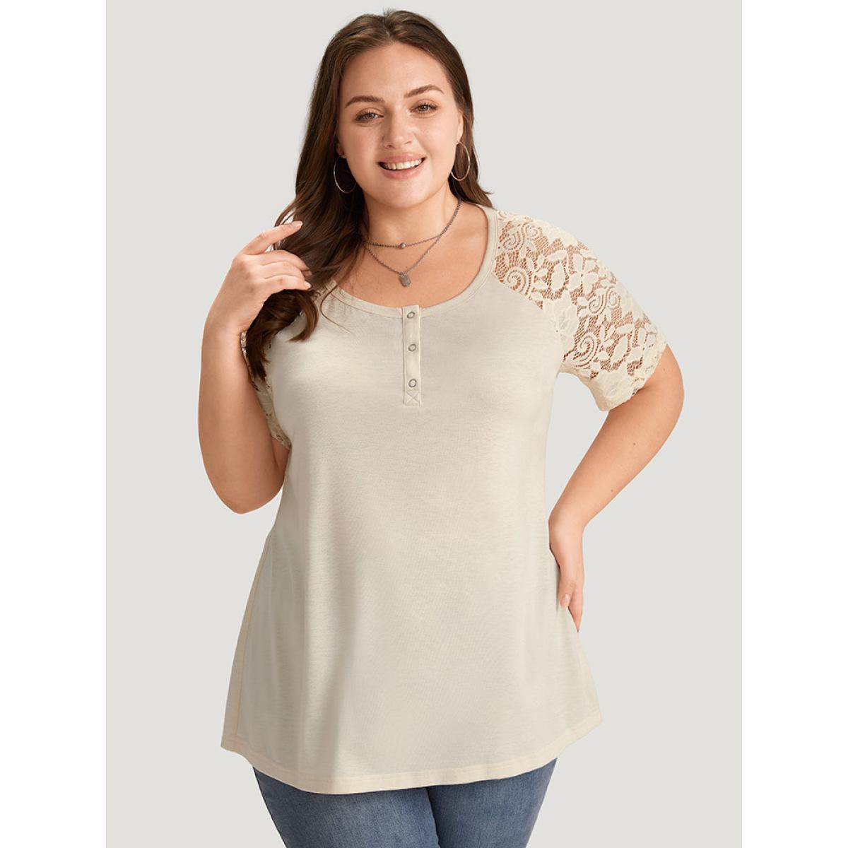 Plus Size Solid Raglan Sleeve Contrast Lace T-shirt Ivory Women Elegant Plain Round Neck Dailywear T-shirts BloomChic 22-24/3X Product Image
