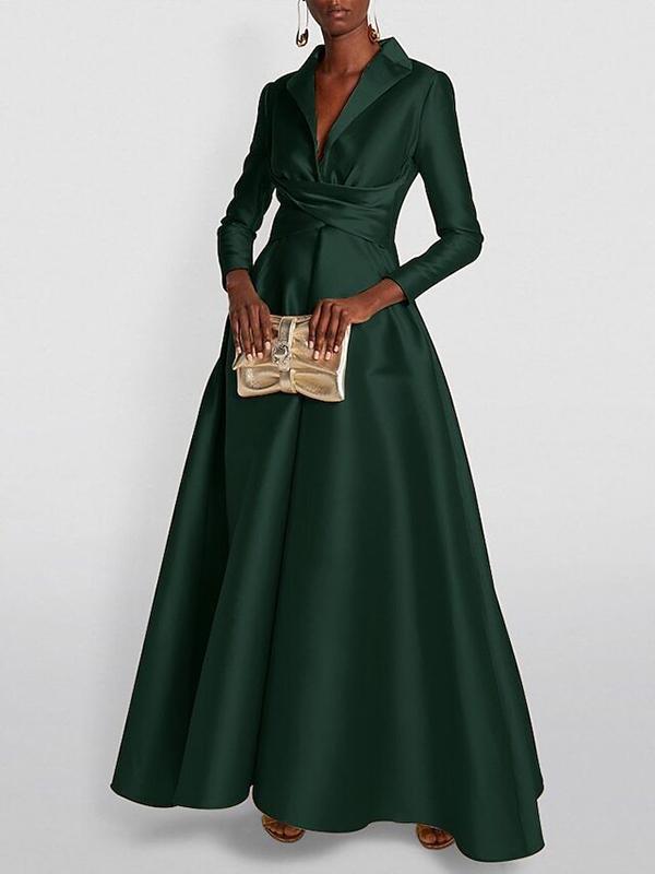 A-Line High Waisted Pleated Solid Color V-Neck Maxi Dresses Product Image