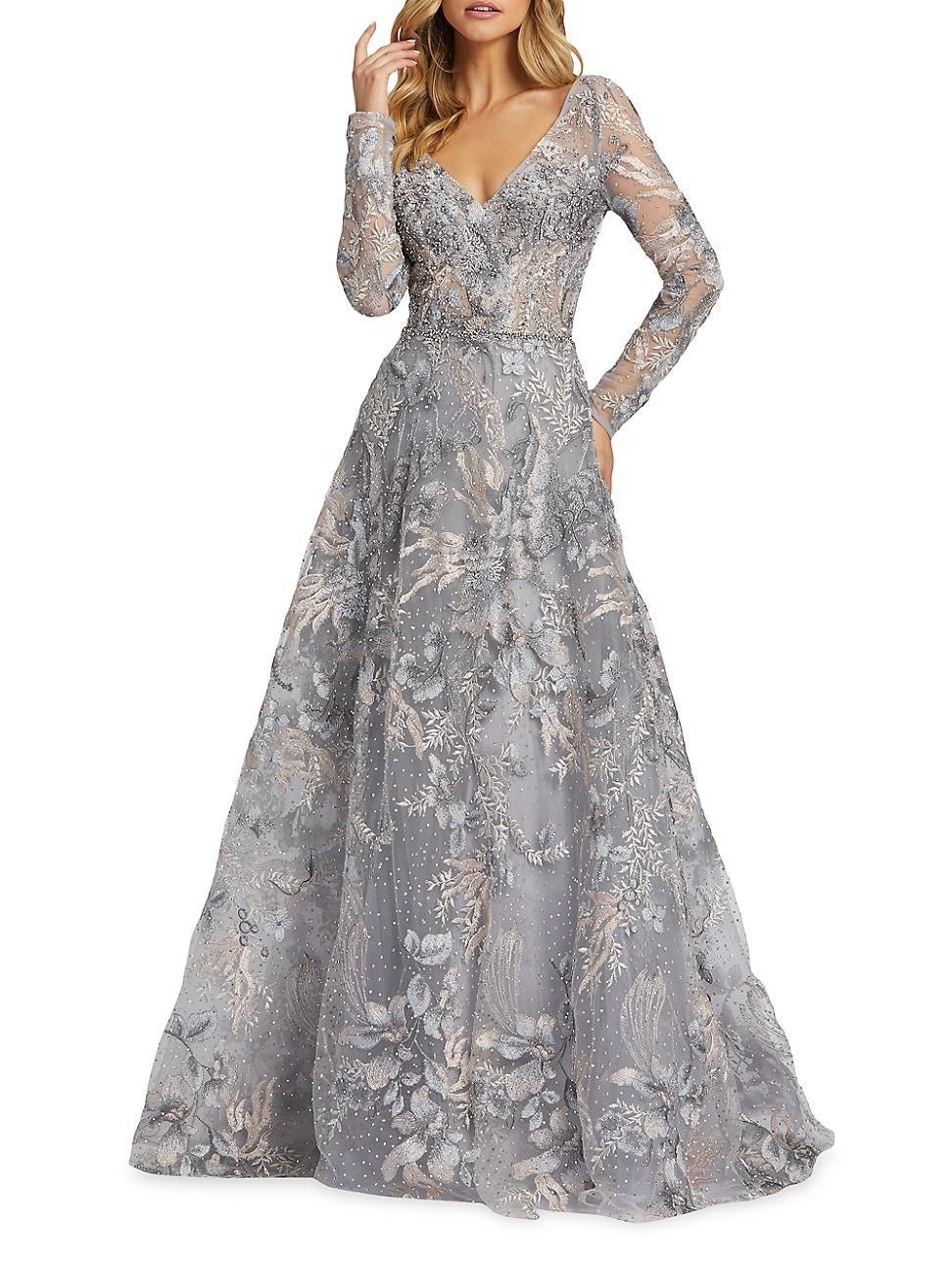 Mac Duggal Beaded Sheer Long Sleeve V-Neck Illusion Ball Gown Product Image