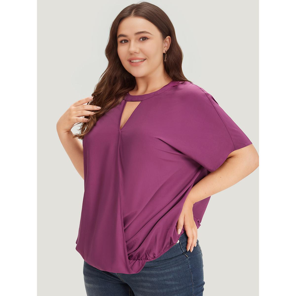 Plus Size Purple Solid Keyhole Gathered Dolman Sleeve Blouse Women Office Short sleeve V-neck Work Blouses BloomChic 14-16/1X Product Image