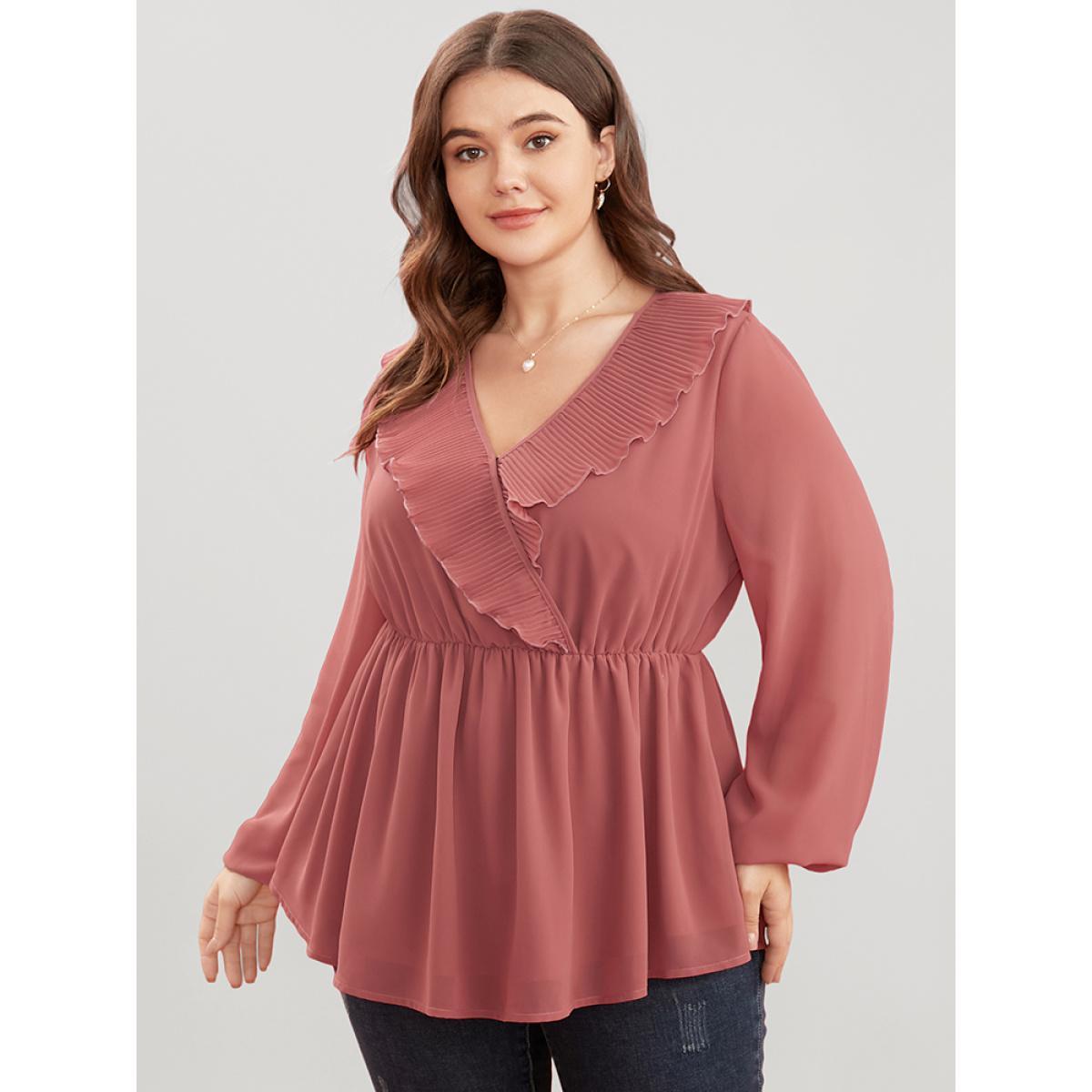 Plus Size DustyPink Solid Lantern Sleeve Pleated Ruffle Trim Wrap Blouse Women Elegant Long Sleeve V-neck Dailywear Blouses BloomChic 10/M Product Image
