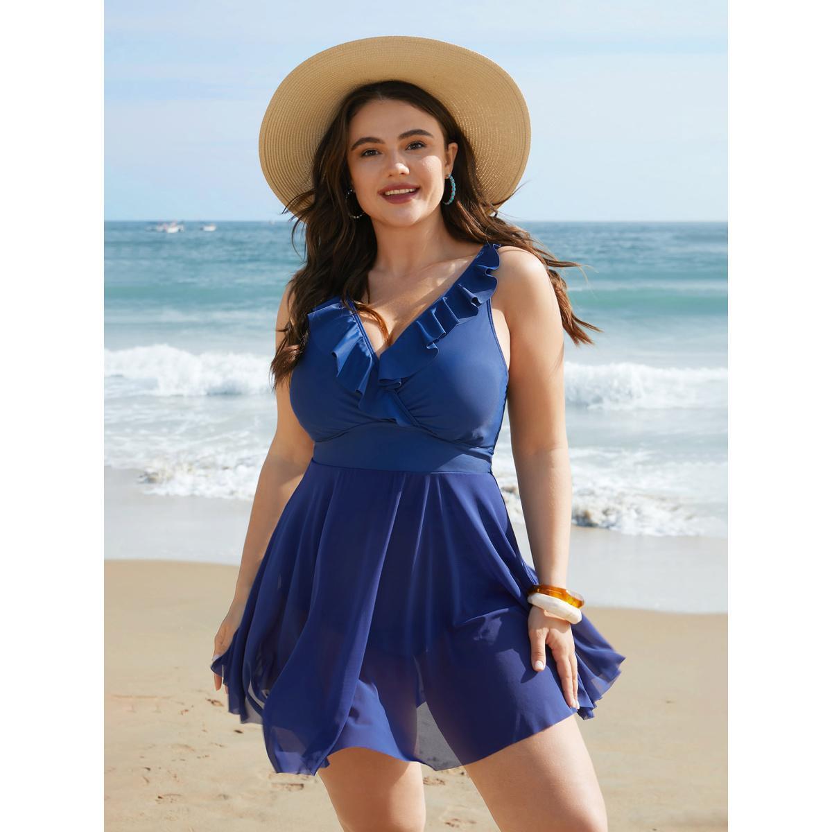 Plus Size Ruffle Trim Patchwork Mesh Swim Dress Women's Swimwear Mediumblue Beach Bodycon Overlap Collar High stretch Curve Swim Dresses BloomChic 28/5X Product Image