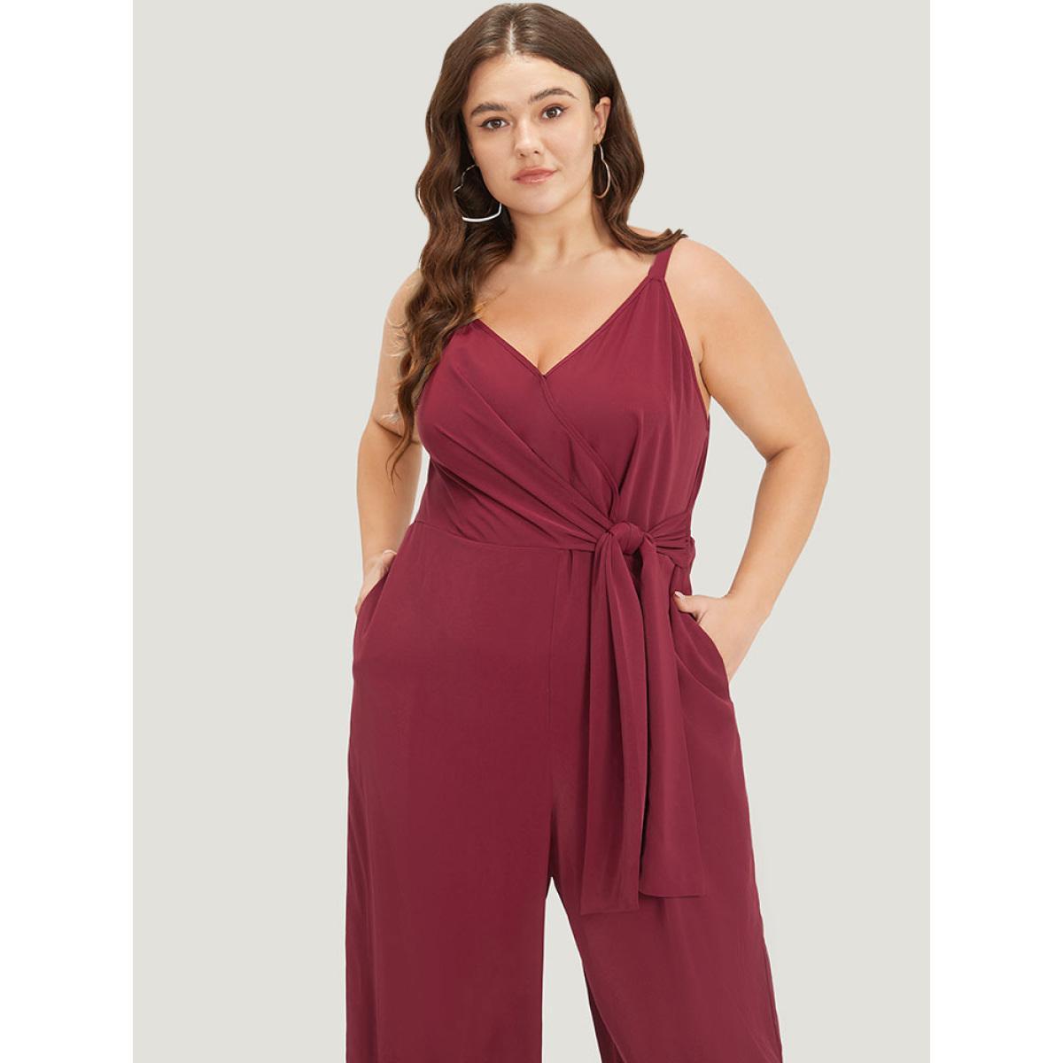Plus Size Scarlet Plain Surplice Neck Twist Front Cami Jumpsuit Women Elegant Sleeveless Spaghetti Strap Dailywear Loose Jumpsuits BloomChic 12/L Product Image
