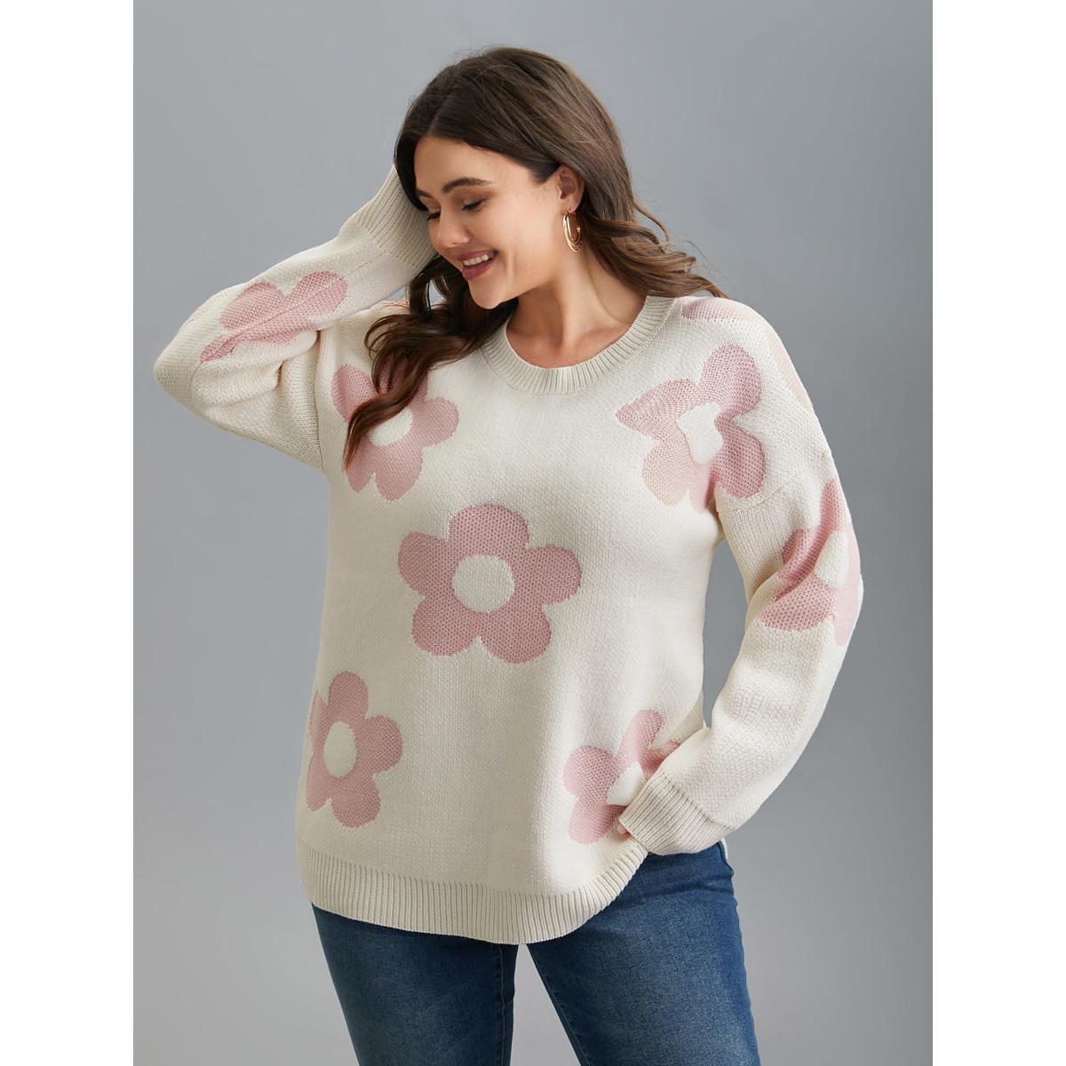 Plus Size Round Neck Floral Pattern Pullover Ivory Women Casual Loose Long Sleeve Round Neck Everyday Pullovers BloomChic 18-20/2X Product Image