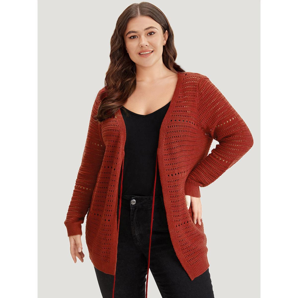 Plus Size Plain Ties Front Geometric Eyelet Cardigan Rust Women Casual Loose Long Sleeve Dailywear Cardigans BloomChic 26/4X Product Image
