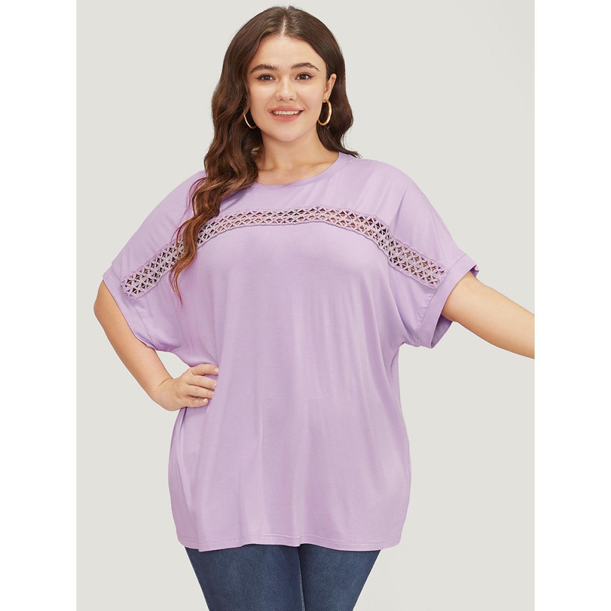 Plus Size Solid Batwing Sleeve Eyelet Lace T-shirt Lilac Women Elegant Lace Plain Round Neck Dailywear T-shirts BloomChic 14-16/1X Product Image